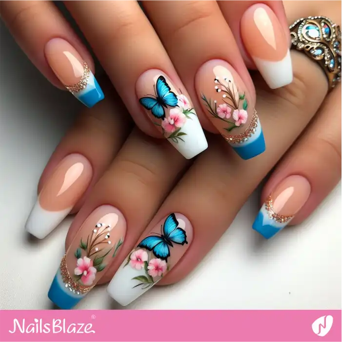 Double French Peach Fuzz Nails with Butterflies and Flowers | Color of the Year 2024 - NB1814